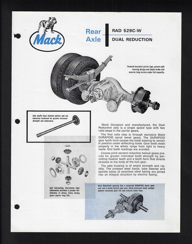 MACK TRUCKS RAD 529C-W REAR AXLE 2 PAGE SPECIFICATIONS BROCHURE 1974 ...