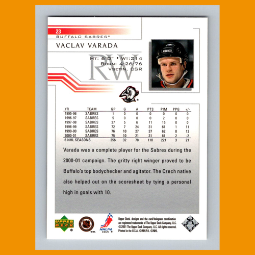 Tarjeta de hockey Vaclav Varada #23 2001 Upper Deck Buffalo Sabres NHL CASI NUEVA - Imagen 2 de 3