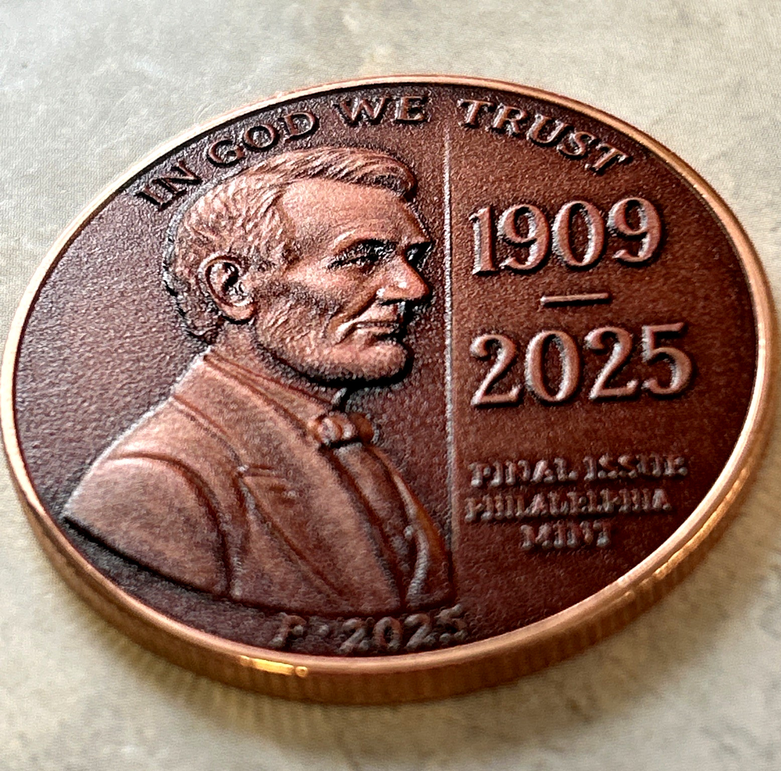 The Final Issue Cent 1909-2025 Philadelphia Penny Commemorative Coin Medal