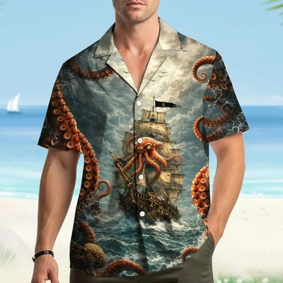 Octopus Pirate Ship Hawaiian Shirt Men