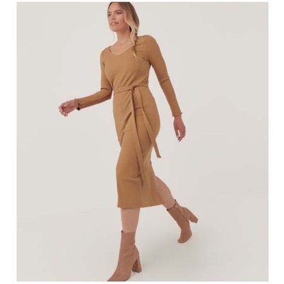 NWT Pact Stretch Rib Jazz Dress L Brown Organic Cotton Midi Belted Quiet Luxury