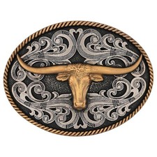 Montana Silversmiths Attitude Two-tone Longhorn Rope Edge Western Belt Buckle Montana Silversmiths Attitude Two-tone Longhorn Rope Edge Western Belt Buckle