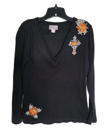 Pink Cattlelac Black Long Sleeve Embroidered Top L Cross Rhinestones