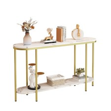 2-Tier Oval Console Table, White Faux Marble Top with Gold Metal Frame --