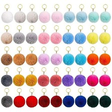 50 Pcs Colorful Poms Keychains, 2.4inch Fluffy Ball Faux Fur Keyring Pom Gold
