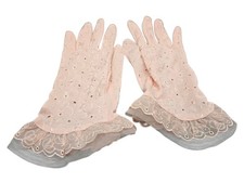 Vintage Pink Nylon Lace Evening Gloves One Size Formal Ruffle Wrists Unlined
