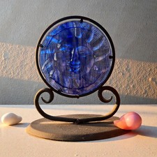Vintage Cobalt Blue Glass Sun Face Candle Hol...
