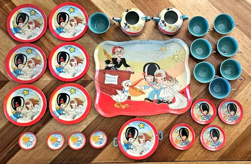VTG OHIO ART TIN LITHO #105 Soldier Bride Wedding Plates Cups More 26 PIECES