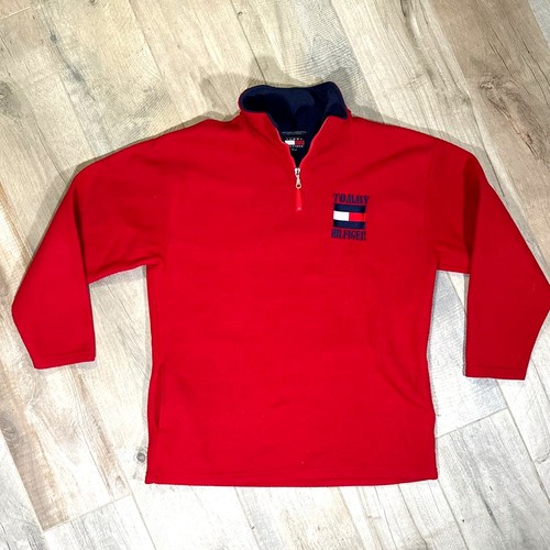 Tommy Hilfiger, VTG 90’s Tommy Hilfiger Sailing Gear Red Fleece Spellout Mens XL