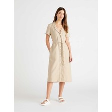 Quince 100% European Linen Button Front Dress in Driftwood M A18