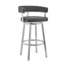 Lorin Modern 30" Seat Height Gray Faux Leather and Brushed Stainless Steel Me...