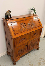 Vintage Carved Oak Oriental Style Bureau Writing Desk with Fall Front & Storage