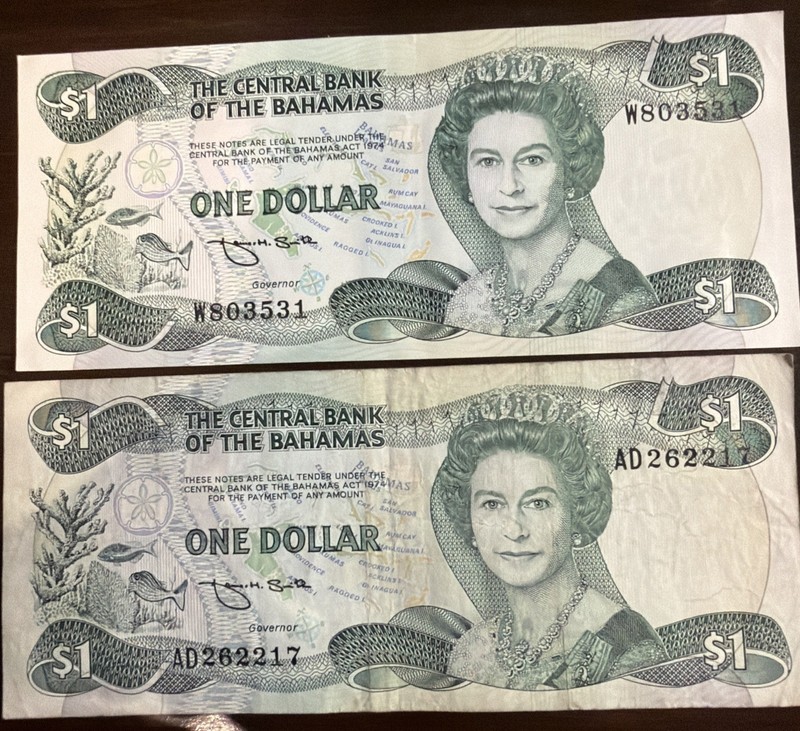2 Central Bank Of The Bahamas $1 Bills, One Circulated And One Uncirculated