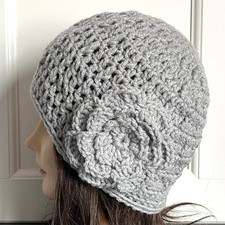 Handmade Womens Cloche Beanie Flapper Hat Flower Textured Crochet Cables Gray