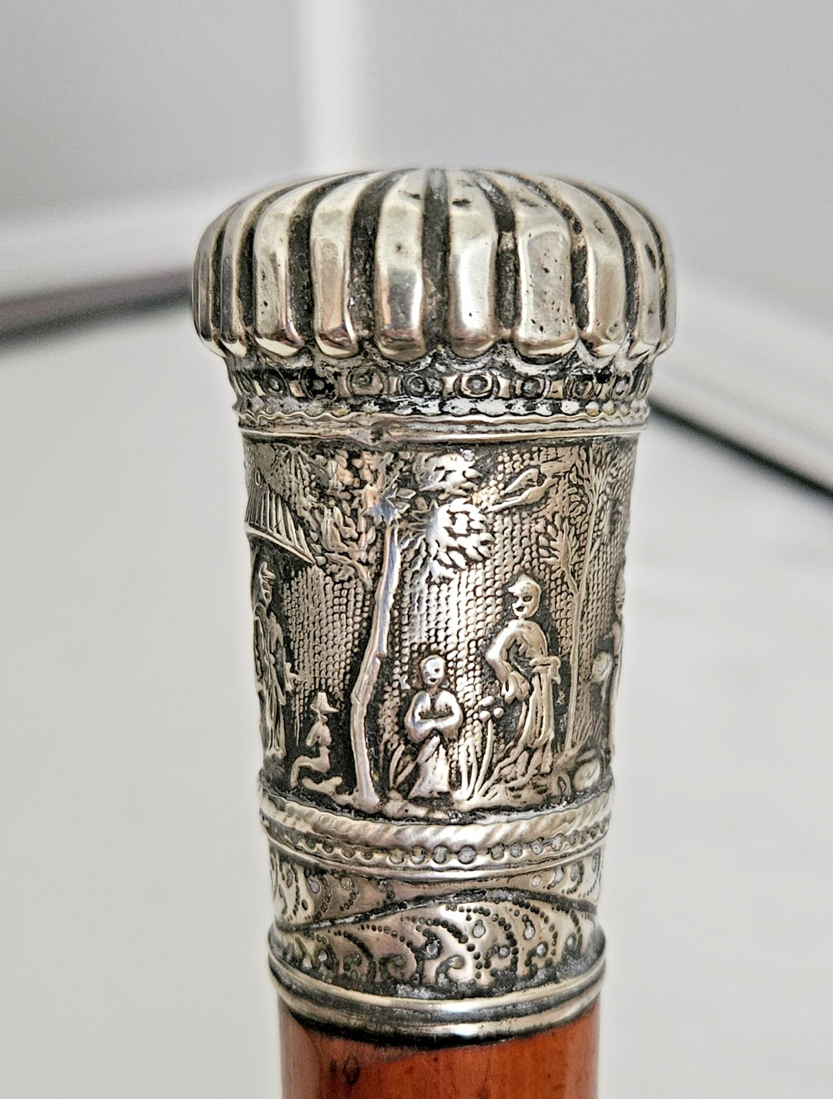 ANTIQUE REPOUSSE SOLID SILVER WALKING STICK DEPIC… - image 5