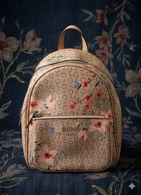 Guess Floral Logo Backpack Beige Monogram Print Zip Front Pockets Spring Casual