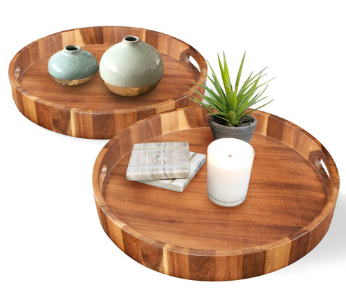 Round Wooden Serving Tray with Handles,20" Large Diameter Wood Serving Trays ...