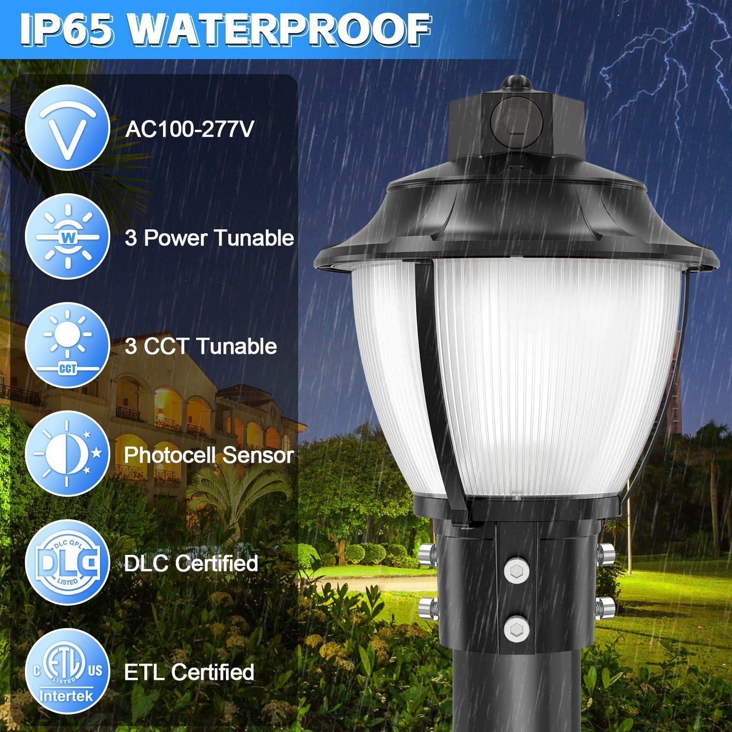 3000K/4000K/5000K Outdoor Post Top Light Garden Pole Lantern 100W Max Photocell