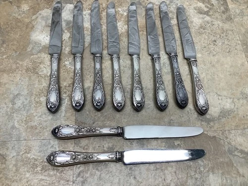 10 Vintage S Kirk & Son 9" Rose Sterling Silver Handle Modern Hollow Knives