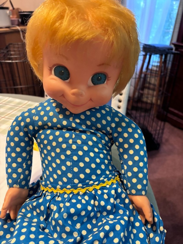 Vintage Mattel Mrs. Beasley Doll Family Affair Blue Polka Dot Dress Yellow Shoes