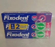 Lot Of 3-Fixodent Plus Denture Adhesive Cream 2.O oz Ea. 2 Scope & 1 Gum Care 