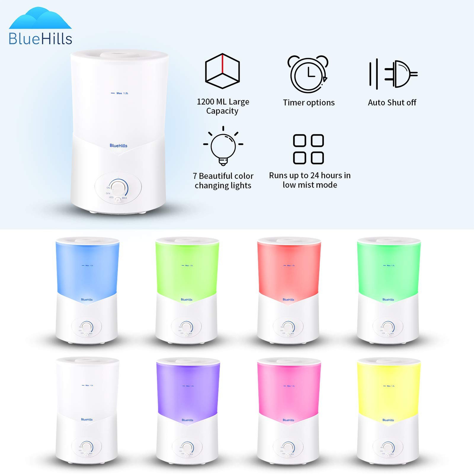 BlueHills Large 1000 ML XL Essential Oil Diffuser White Aroma Humidifier 1 Liter