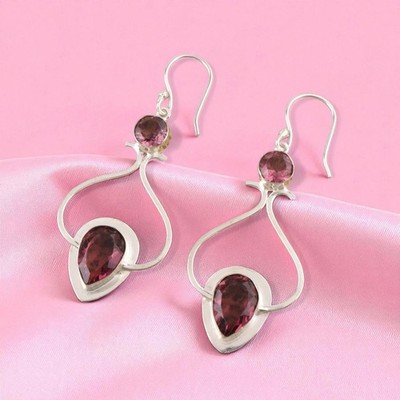 Natural Rhodolite Daughters Day Drop Dangle Bezel Mother Earrings 925 Silver