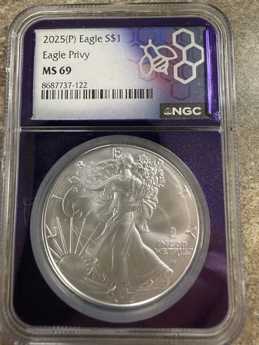 2025 (P) Silver Eagle with Eagle Privy NGC MS69 Purple Core
