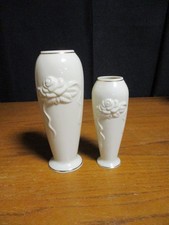 x2 - Lenox Bud Vases - Ivory Gold Trim Rose Ribbon Embossed Floral - 7.5", 6"