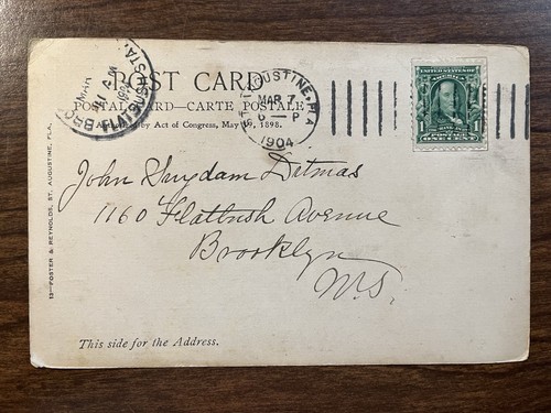 Charlotte Street, St. Augustine, Florida FL Postcard ~ Posted 1904, UDB - Picture 2 of 2
