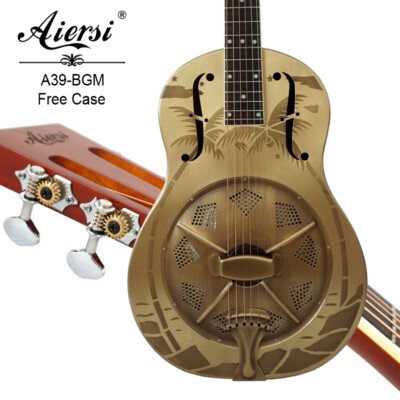 Aiersi Brass Finish F Hole Sandblasted Palm Tree Resonator Guitar