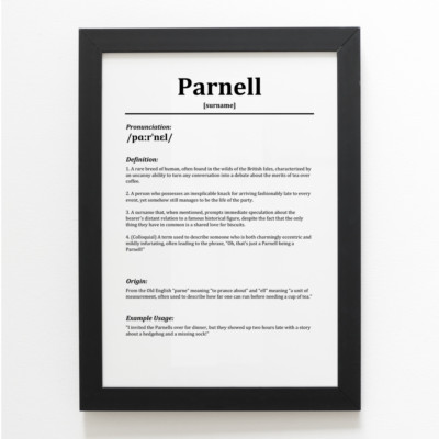 A3 PRINT - Parnell - Funny Humorous Family Surname Definition