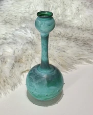 VINTAGE 1980'S JERUSALEM ART GLASS HAND PAINTED FROSTED VASE 7” GREEN