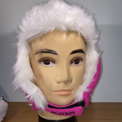 Playboy Pink Knit White Fur Lined Bomber Hat Toboggan Beanie