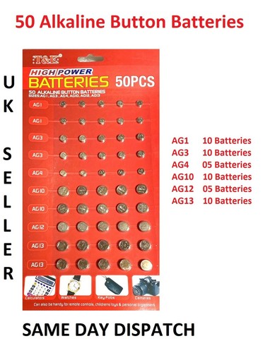 NEW 50 ASSORTED BUTTON CELL WATCH BATTERY BATTERIES AG 1 / 3 / 4 / 10 / 12 / 13 - 第 1/3 張圖片