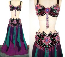 Ameynra Belly Dance Costume Purple Green multicolor Handwork OOAK Size M New