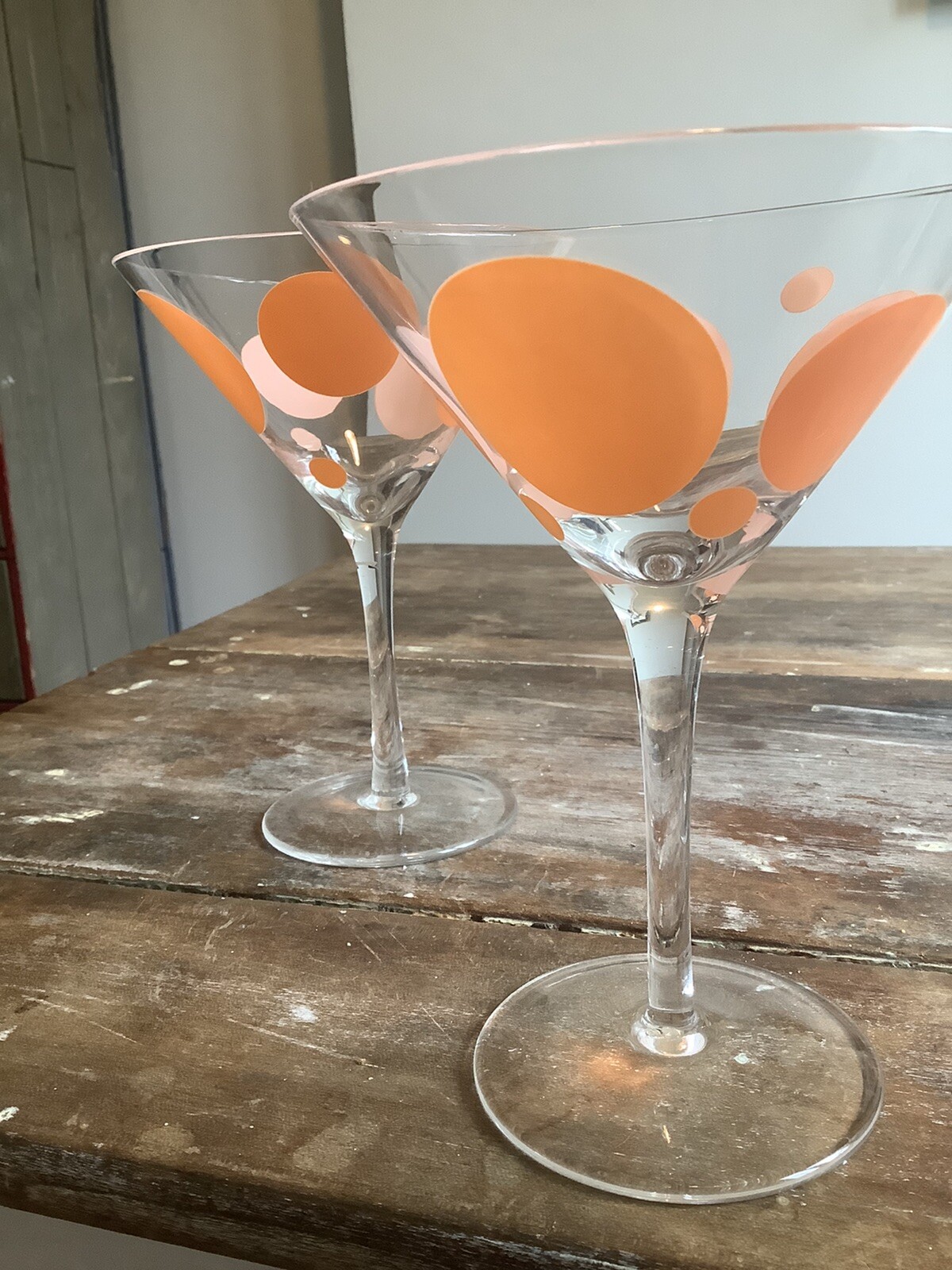 Set 2 vintage mid century modern martini drink glasses pech polkadot
