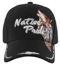 NEW NATIVE PRIDE INDIAN AMERICAN WOLF SIDE FEATHERS CAP HAT BLACK