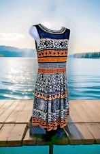 Sandra Darren Dress 8 Navy Gold Geometric Beaded Neckline Sleeveless Artsy Boho 