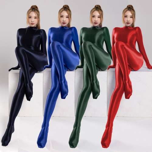 Lady Oil Shiny Glossy Opaque Elastic Sports Jumpsuit W/zipper 1 Piece YogaWear - Afbeelding 1 van 50