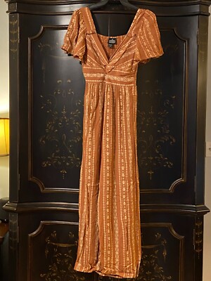 $60 ANGIE Striped Print Wide Leg Jumpsuit | Macadamia | Small