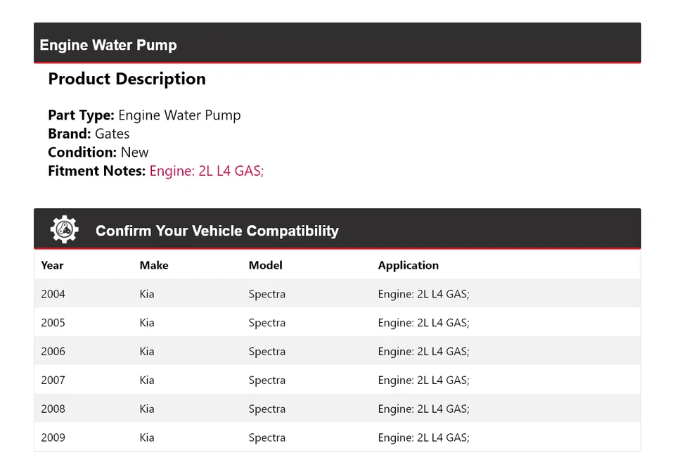 Para Kia Spectra 2004-2009 2L L4 Motor Gas Bomba Agua Puertas 2005 2006 2007 2008 Foto 2 de 4