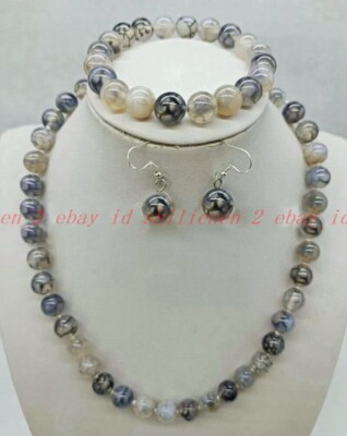 8/10mm White Black Dragon Vein Agate Gemstone Necklace Bracelet Earrings Set