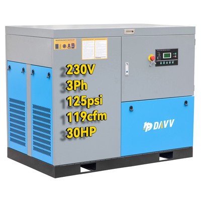 230V 3-Phase Rotary Screw Air Compressor 30HP/22KW 119CFM 125PSI Industrial