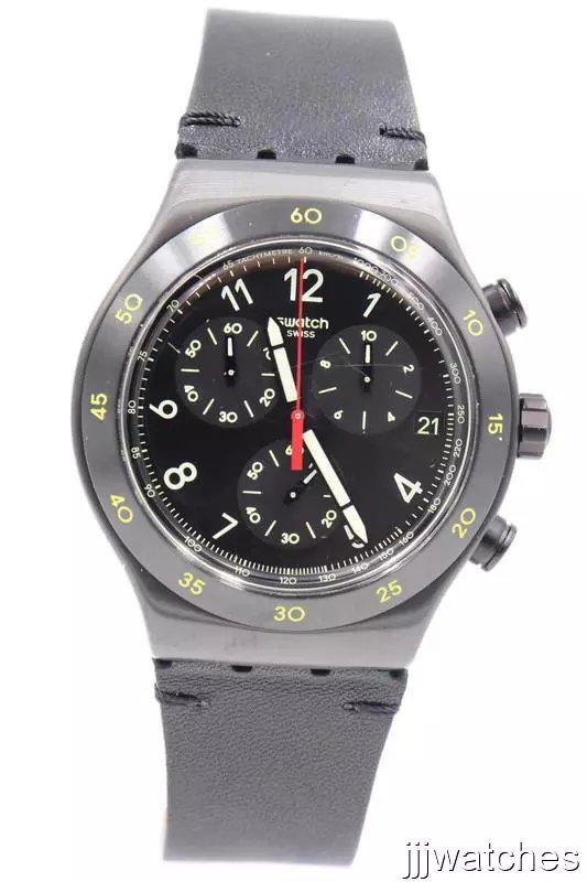 New Swiss Swatch Core VIDI Black Leather Chrono Men Watch 43mm