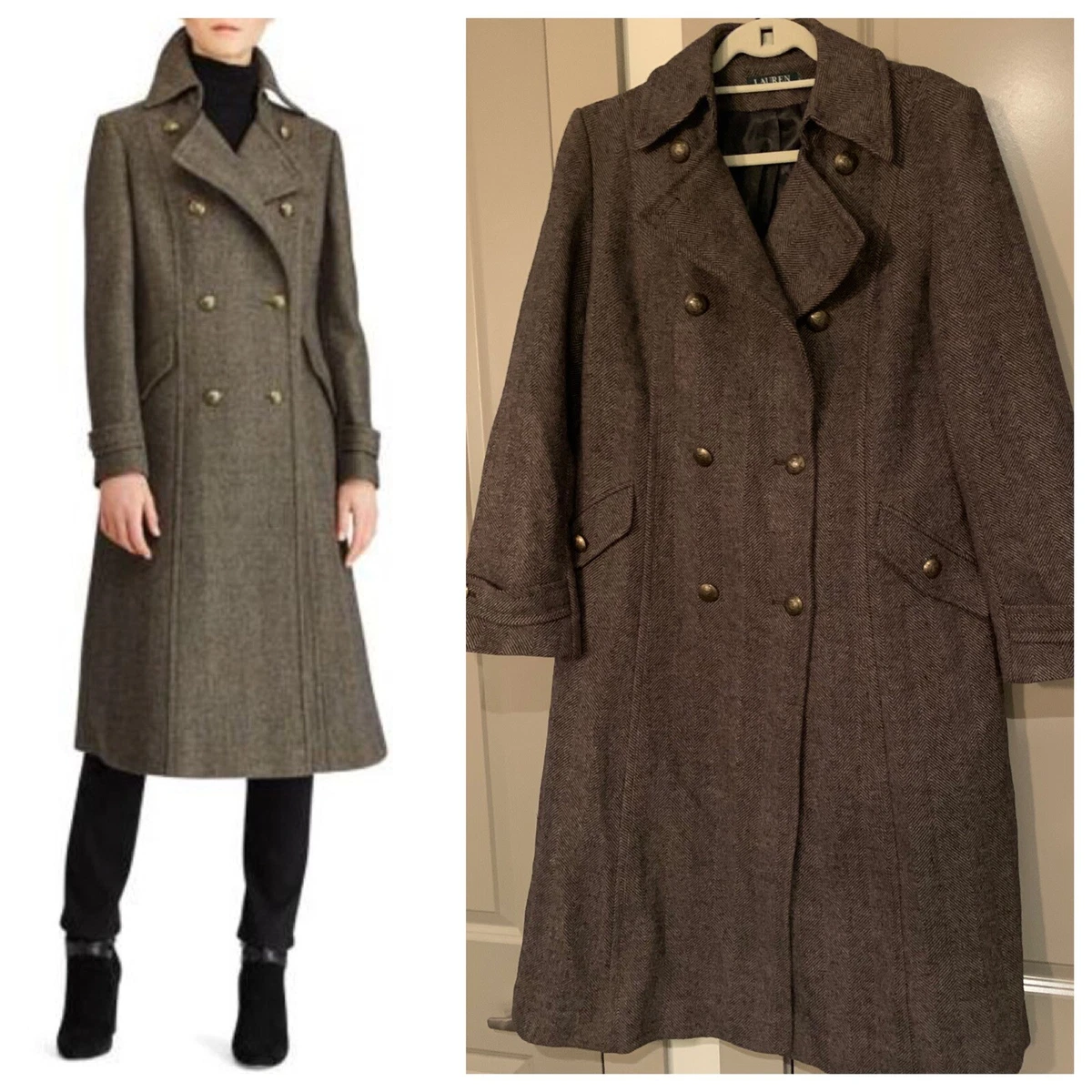 Lauren Ralph Lauren UK Womens Double Breasted Military Coat Herringbone Size 10