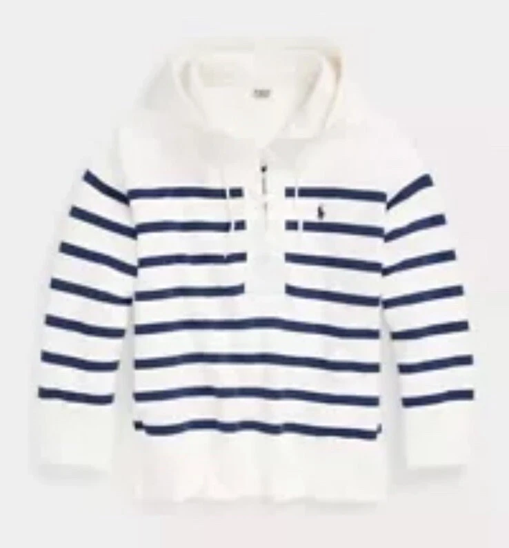 Nuevo con etiquetas Polo Ralph Lauren Sudadera con capucha polar de gran tamaño con cordones Blanco Azul a rayas $268 XS/S Foto 3 de 4
