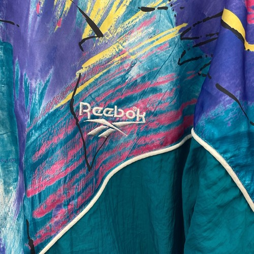 90s Reebok Parachute Nylon Track Jacket Medium Windbreaker Green Abstract VTG - Picture 4 of 21
