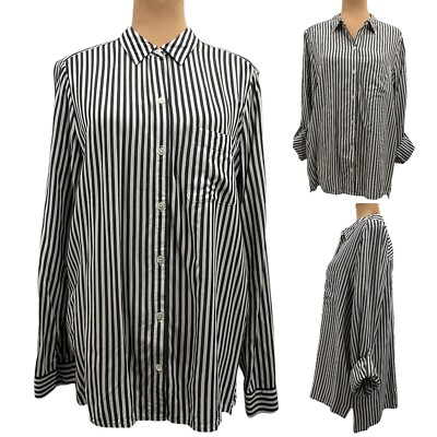 J.Jill Button Up Top Roll Tab Sleeve High Low Hem White Grey Stripe Medium