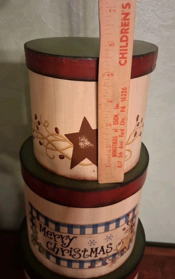 Christmas Round Nesting Stacking Storage Box Set 3 Pc Snowman Primitive NEW - Image 4 of 4